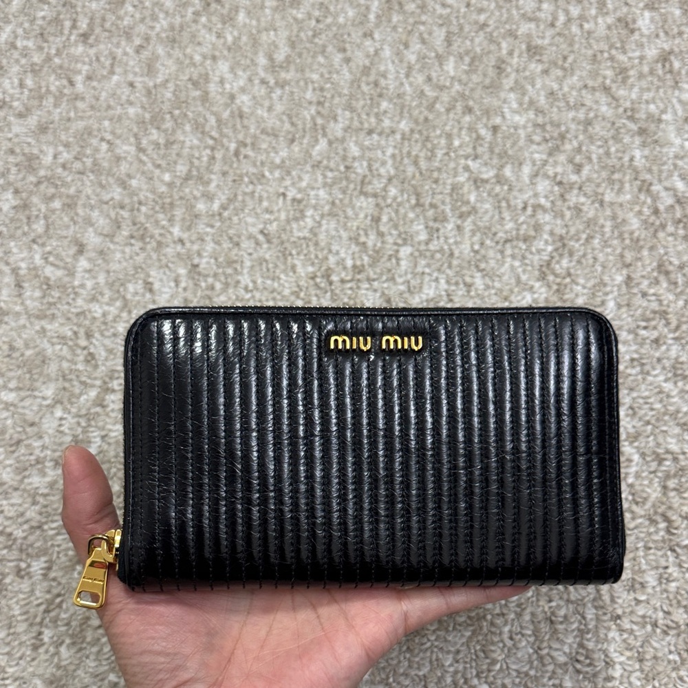 Miu Miu Black Quilted Zip Wallet with Gold Hardware